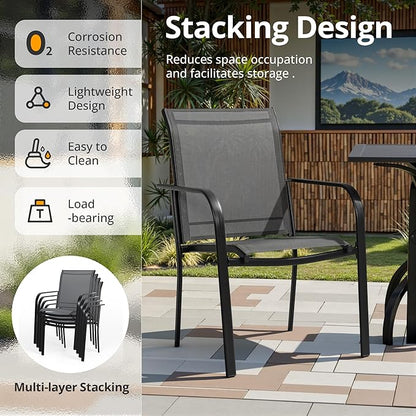SUNCROWN 8 - Piece Outdoor Dining Set, Patio Furniture Set with 6 Textilene Dinning Chairs, 1 Rectangle Metal Table and 1 Sky Blue 9Ft Patio Umbrella for Lawn Garden Backyard Deck, Grey