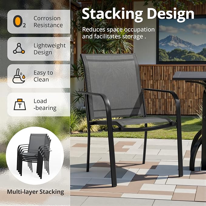 SUNCROWN 7 - Piece Outdoor Dining Set, Patio Furniture Set with 6 x Textilene Dinning Chairs and 53" Metal Round Table with Umbrella Hole for Lawn Garden Backyard Deck, Grey