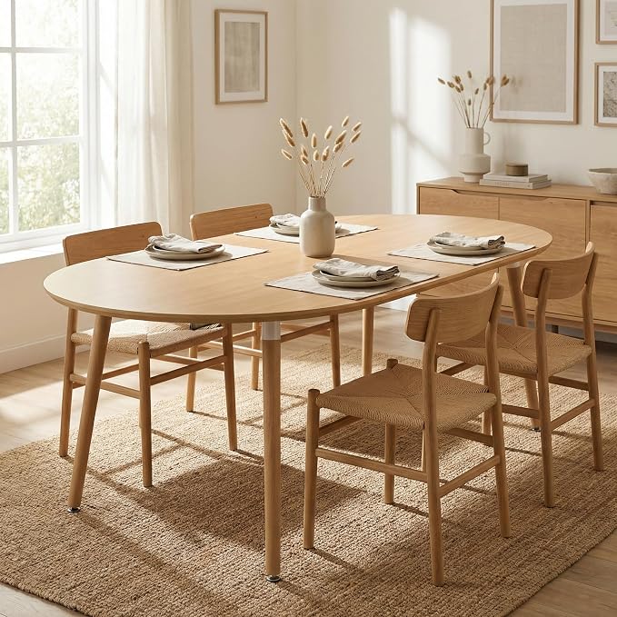Extendable Round Dining Table for 4 6 Wooden Dining Room Table 39" to 70" Modern Kitchen Table for Dining Room Office Expandable Oval Dinner Table with MDF Top Natural Wood