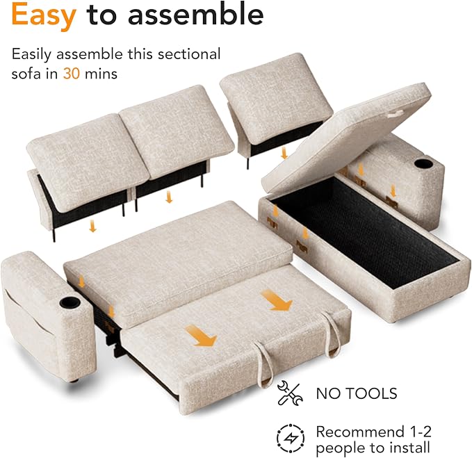 Sunny Heart L-Shaped Sleeper Sofa with Pull Out Bed, 82" Sectional Couch with Reclining Backrest, Reversible Storage Chaise, Armrest Storage, Cup Holders, and Side Pockets, Tool-Free Assembly, Beige