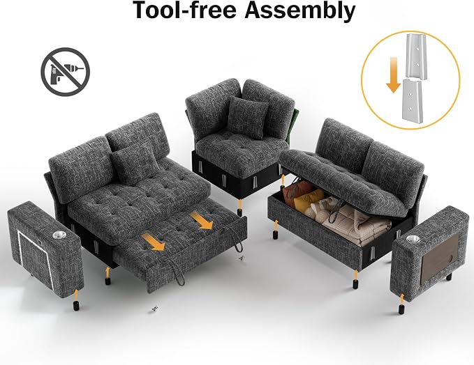 Vipbear 86" Modular Sectional Sleeper Sofa with Pull Out Bed, 5 Seat Chenille L Shaped Couch with USB Ports|Cup Holders|Side Table|Storage Loveseat, Tool Free Assembly, Grey