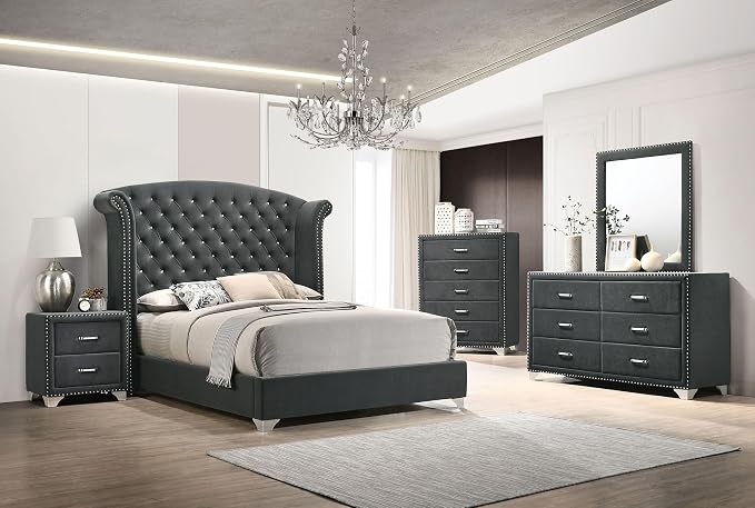 Coaster Home Furnishings Melody Modern Classic 5-Piece Bedroom Set Velvet Upholstered Eastern King Size Wingback Bed Frame 66-inch Headboard Grey 223381KE-S5