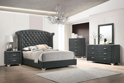 Coaster Home Furnishings Melody Modern Classic 5-Piece Bedroom Set Velvet Upholstered Eastern King Size Wingback Bed Frame 66-inch Headboard Grey 223381KE-S5