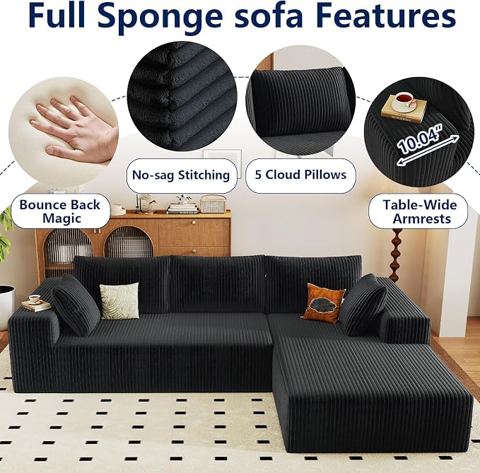 96" Modular Sectional Sofa, Modern Corduroy Cloud Couch with Deep Seat, Boneless Couch Upholstered 3-Seater L-Shaped Sofa for Living Room, No Assembly Required (Black, Right-Facing Chaise)