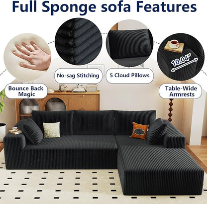 96" Modular Sectional Sofa, Modern Corduroy Cloud Couch with Deep Seat, Boneless Couch Upholstered 3-Seater L-Shaped Sofa for Living Room, No Assembly Required (Black, Right-Facing Chaise)