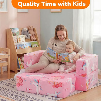 MeMoreCool Modular Kids Couch, Glow Play Toddler Couch for Bedroom Playroom, Convertible Foam Kids Sofa Bed, Fold Out Baby Sofa for Girl Boy, Pink Fairy