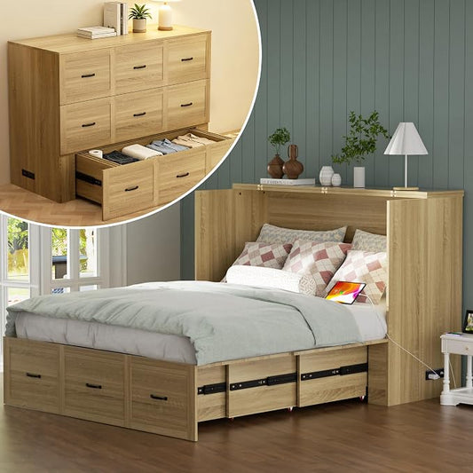 Murphy Bed Full Size with Storage and Charging Station, Farmhouse Wall Bed Cabinet Foldable Wooden Frame for Guest Room - Natural