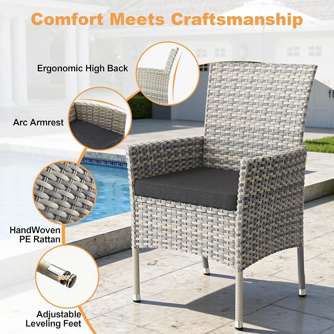 10-Piece Patio Dining Set, Patio Furniture Set with Square Tempered Glass Table & 8 Wicker Chairs, Expandable Design for Larger Groups, Outdoor Furniture for Backyard, Deck, Garden, Dark Grey