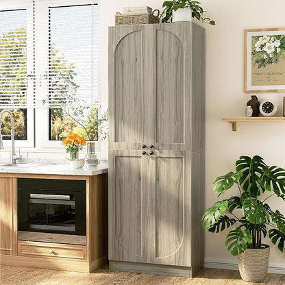 Cyclysio 80" Kitchen Pantry, Extra Tall Arch Storage Cabinet with 4 Soft Close Doors and Adjustable Shelves, Freestanding Wood Cupboard with Seamless Fit Wall for Dining Living Room Bathroom Furniture