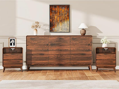 3-Piece Farmhouse Bedroom Storage Set, 9-Drawer Dresser & Nightstands Set of 2 with Charging Station, Handle-Less Design, Rounded Corners, Anti-Tip Safety Furniture, Walnut