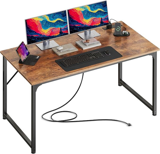 PRAISUN 47 X 24 Inch Deeper Desk with Power Outlets | Computer Desk for Bedroom, Office Desk for Work from Home, Writing Study Gaming Table, Stable Metal Frame, Rustic Brown