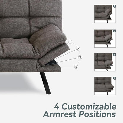 Futon Sofa Bed Convertible Couch, Grey Linen Sofa Bed with Memory Foam, Adjustable Backrest & Armrests, Multifunctional Small Loveseat Sleeper Sofa for Living Room, Apartment, Office
