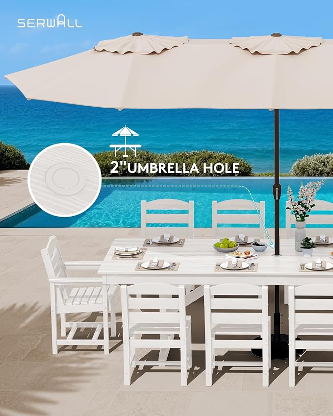 SERWALL 10 Piece 84" HDPE Outdoor Dining Set for 8 with 15ft Double-Sided Umbrella, White