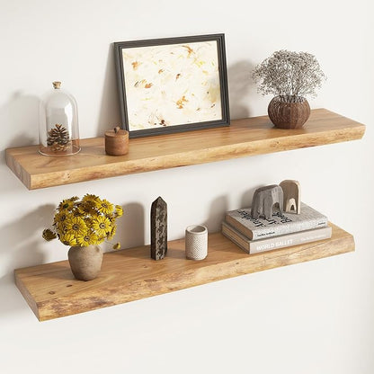 Live Edge Floating Shelves for Wall Decor, Solid Elm Wood Floating Shelves Wall Mounted, Rustic Wall Shelves with Invisible Bracket for Living Room Bathroom Bedroom Kitchen, 36 Inch Set of 2, Natural