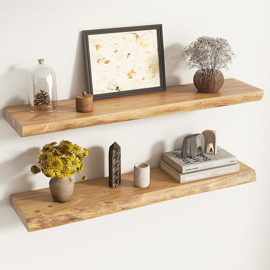 Live Edge Floating Shelves for Wall Decor, Solid Elm Wood Floating Shelves Wall Mounted, Rustic Wall Shelves with Invisible Bracket for Living Room Bathroom Bedroom Kitchen, 36 Inch Set of 2, Natural