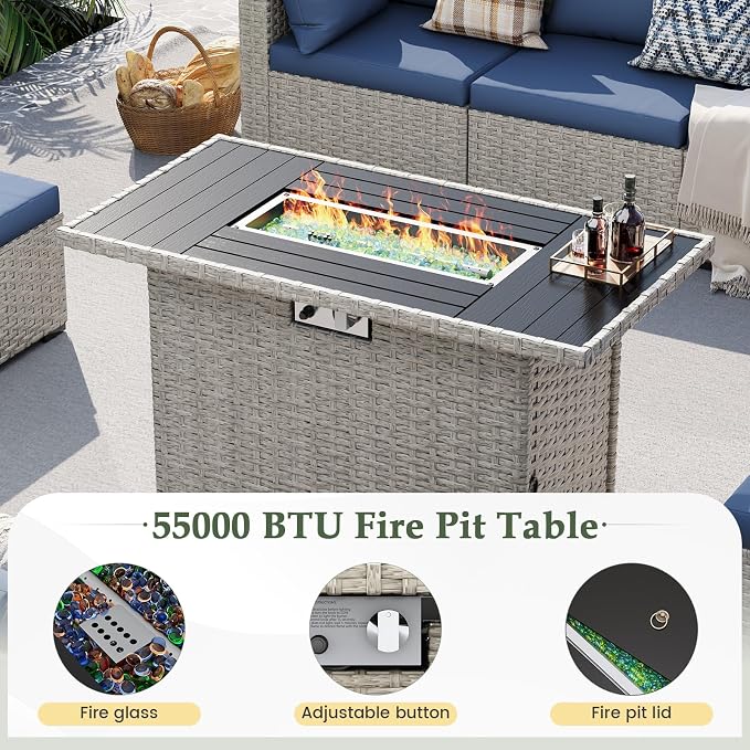 UDPATIO Patio Furniture Set with Fire Pit Table, 8 Pcs Outdoor Sectional Sofa, PE Wicker Patio Conversation Set for Garden, Backyard (Blue Cushions with Light Grey Rattan)