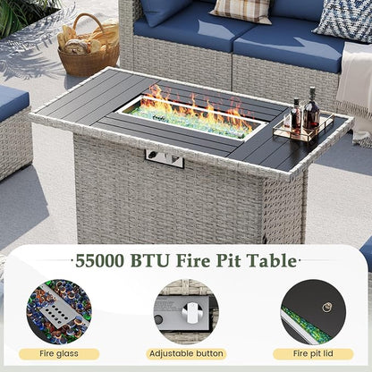 UDPATIO Patio Furniture Set with Fire Pit Table, 8 Pcs Outdoor Sectional Sofa, PE Wicker Patio Conversation Set for Garden, Backyard (Blue Cushions with Light Grey Rattan)