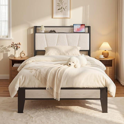 LIKIMIO Twin XL Bed Frames, Bouclé Storage Headboard with Charging Station, Solid and Stable, Noise Free, No Box Spring Needed, Easy Assembly