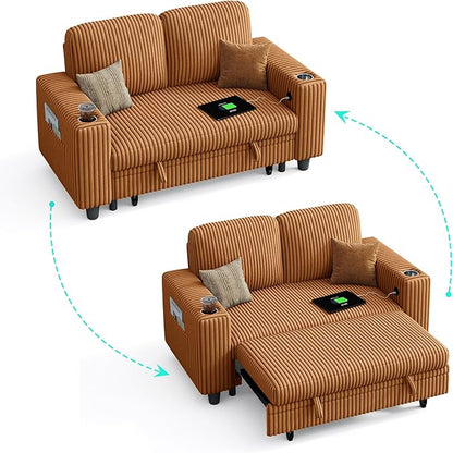 LINSY HOME Sectional Sleeper Sofa Pull Out Couches for Living Room (Brown, Pull Out Couch) | Pull Out Sofa Bed, Storage, USB Charging, Cup Holders, Plush Corduroy