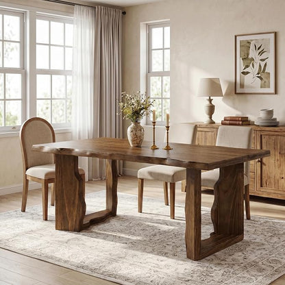 63" Live Edge Solid Wood Dining Table, Modern Rustic Kitchen Table with Sculptural Legs, 6-Person Rectangular Dinner Table for Dining Room, Kitchen,Natural Dark Brown Finish