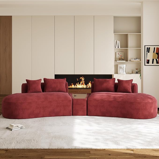 153.3" Oversized Curved Sectional Sofa, Luxury Chenille Cloud Couch for Living Room, Large Modern Modular Deep Seat Sofa with Movable Coffee Table & USB, No Assembly Needed, Red