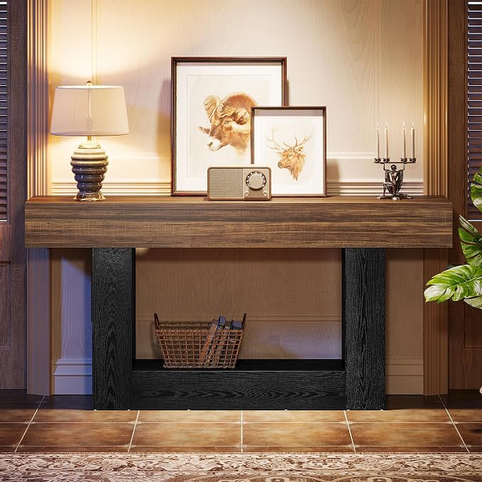 Tribesigns 63" Console Table, Farmhouse 2-Tier Entryway Table with U-Shaped Base, Narrow Long Wood Behind Couch Table for Living Room, Hallway, Foyer, Dark Brown & Black