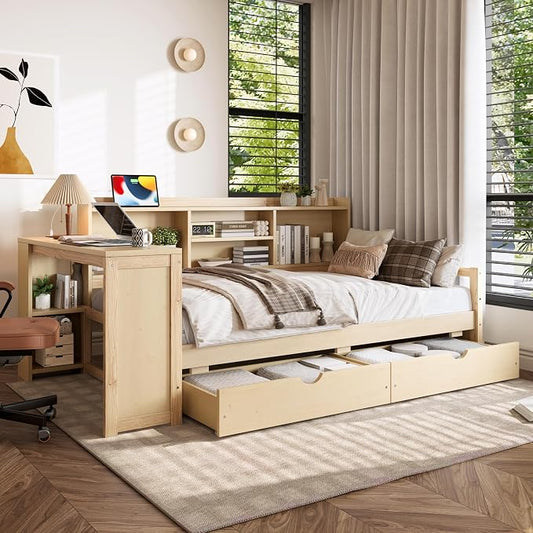 Bellemave Twin Corner Bed Frame with Desk and Storage Shelves,Charging Port, Wood Twin Size Daybed with Bookcase and Drawers, Natural Color