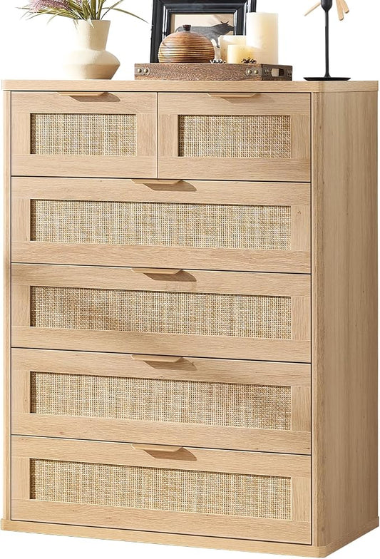 LEYAOYAO Rattan Dresser for Bedroom Set of 2, 41" Tall Chest of Drawers, Modern 6 Drawers Boho Dressers with Storage, Light Oak Dresser Wooden Closet Organizer for Living Room, Hallway, Natural Wood