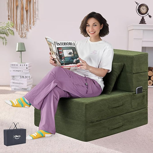Folding Sofa Bed, 4 in 1 Convertible Sleeper Chair with Pillow, Single Memory Foam Fold Out Chair Bed, Modern Floor Futon Sofa Couch Mattress for Living Room/Guest/Apartment, Green | Convertible