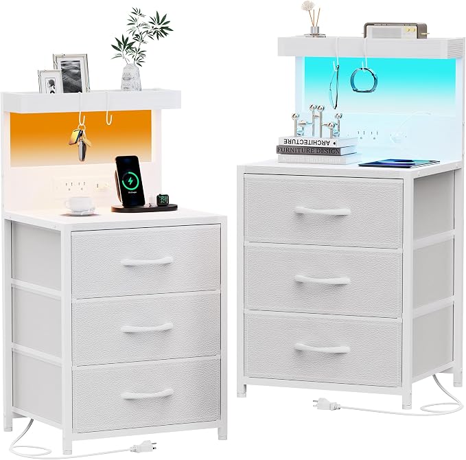 Night Stand with Charging Station Set of 2, LED Nightstand Bedside Table with USB Ports and Outlets, 3 Fabric Drawer End Side Table Night Stand Set 2 for Bedroom with Storage Shelf and 2 Hooks, White