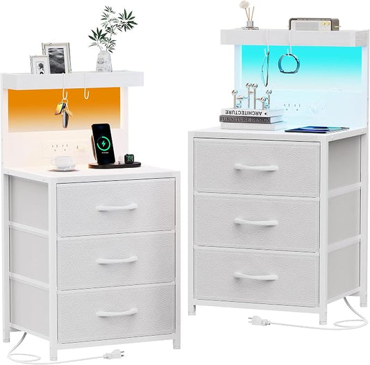 Night Stand with Charging Station Set of 2, LED Nightstand Bedside Table with USB Ports and Outlets, 3 Fabric Drawer End Side Table Night Stand Set 2 for Bedroom with Storage Shelf and 2 Hooks, White