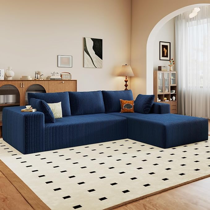 96" Modular Sectional Sofa, Modern Corduroy Cloud Couch with Deep Seat, Boneless Couch Upholstered 3-Seater L-Shaped Sofa for Living Room, No Assembly Required (Blue, Right-Facing Chaise)