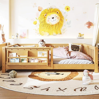 Bellemave Full Floor Bed with Slats and Rails, Full Size Montessori Floor Bed with Bookcase and Fence, Easy Assemble Montessori Beds for Girls, Boys, Deep Natural Floor Beds