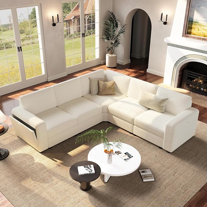 Vesgantti Oversized Modular Sectional Sofa, 5-Seater Chenille L Shaped Modular Couch, Corner Sofa with Storage Armrests, Large Comfy Sectional Couches for Living Room, Apartment, Beige