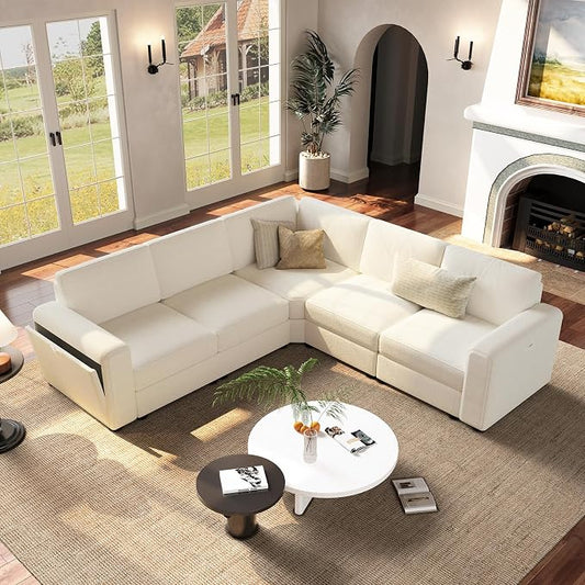 Vesgantti Oversized Modular Sectional Sofa, 5-Seater Chenille L Shaped Modular Couch, Corner Sofa with Storage Armrests, Large Comfy Sectional Couches for Living Room, Apartment, Beige