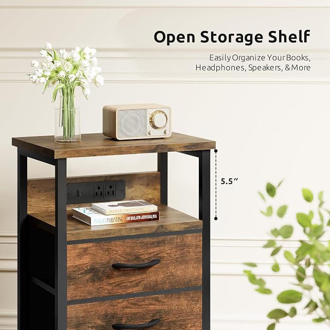 Lazzanto NightStand Bedside Charging Table Bedroom - Brown Night Stand with Charger Station, Modern Bed Side End Table with Open Shelf & 2 Fabric Drawers, USB-C Port for Dorm, Living Room