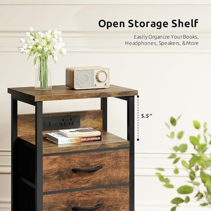 Lazzanto NightStand Bedside Charging Table Bedroom - Brown Night Stand with Charger Station, Modern Bed Side End Table with Open Shelf & 2 Fabric Drawers, USB-C Port for Dorm, Living Room