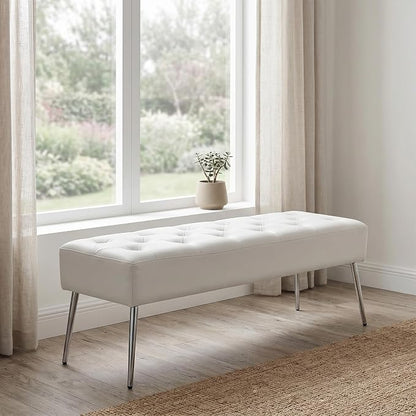 DUHOME Button-Tufted Ottoman Bench, Upholstered Footrest Stool Rectangular Dining Bench Leather Accent Bench for Entryway Dining Room Living Room Bedroom, White
