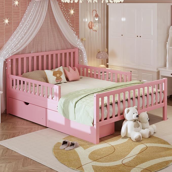 Bellemave Girls Full Bed Frame with Fences and 2 Drawers, Kids Full Platform Bed with Guardrails on Both Sides, Pink