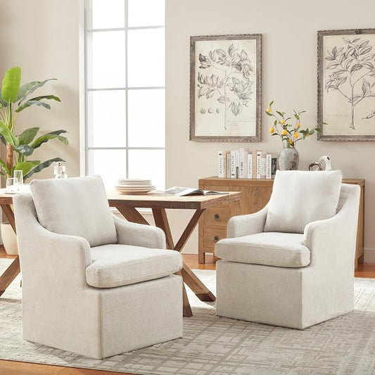 VKNOW Upholstered Dining Chairs Set of 2, Modern Kitchen Chairs Dinner Chairs with 4 Casters, Chenille Armchair for Bedroom Reading Room Living Room, Beige