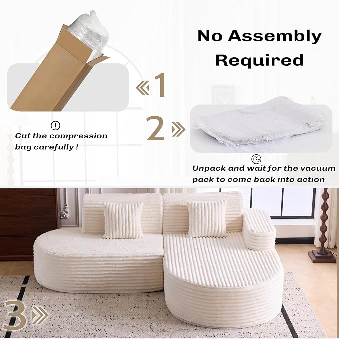 Modern Curved Boneless Sofa Couch, L-Shaped Corner Sofa, Corduroy Upholstered Cloud Sectional Couch for Living Room, Bedroom and Apartment,No Assembly Needed(Beige, Right Hand Facing)
