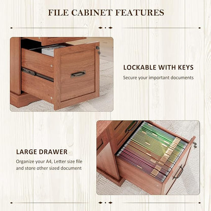 Whalefall 67'' Farmhouse L-Shaped Desk with Drawers for Home Office, Brown | Computer Corner Desk with File Cabinet and Charging Station, Large Executive L Desk with Locking Drawers Storage