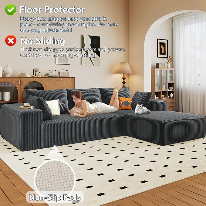 96" Modular Sectional Sofa, Modern Corduroy Cloud Couch with Deep Seat, Boneless Couch Upholstered 3-Seater L-Shaped Sofa for Living Room, No Assembly Required (Dark Grey, Right-Facing Chaise)