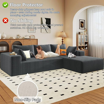 96" Modular Sectional Sofa, Modern Corduroy Cloud Couch with Deep Seat, Boneless Couch Upholstered 3-Seater L-Shaped Sofa for Living Room, No Assembly Required (Dark Grey, Right-Facing Chaise)