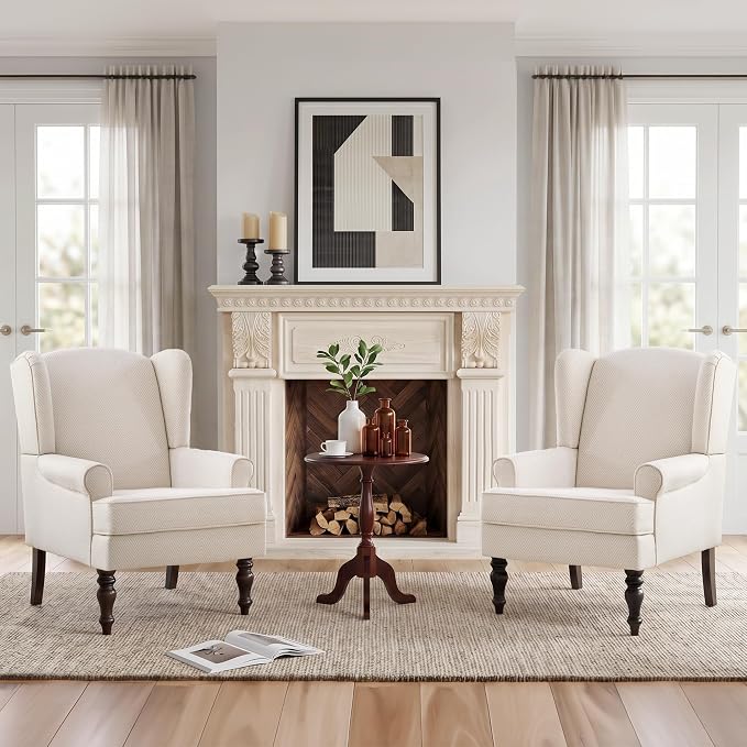 HUIMO Living Room Chair Upholstered High Back Armchair Retro Printed Wingback Chair in Linen for Bedroom & Study Comfy Accent Sofa Chair Reading Chair Holds 300lbs (2, Tan with Lines)