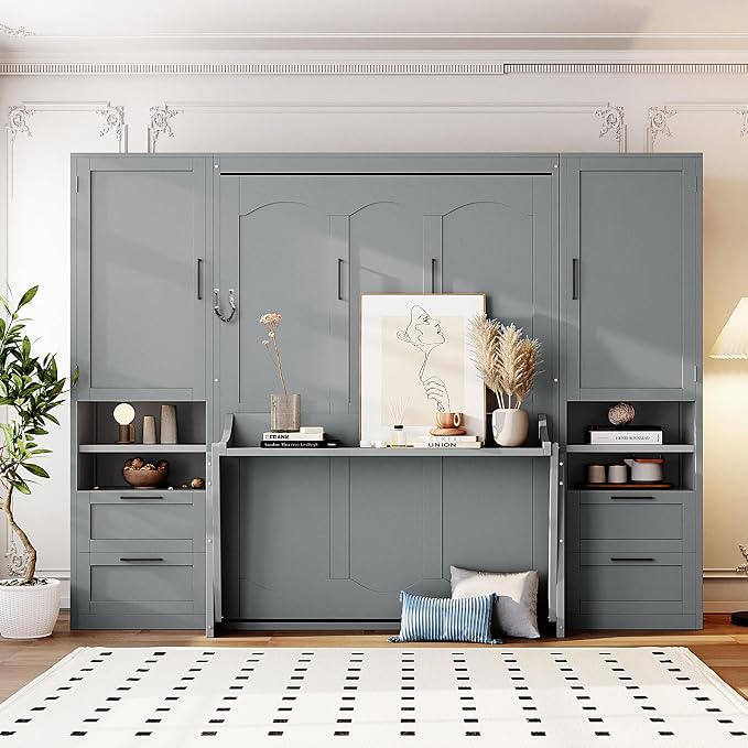 Merax Full Size Murphy Bed with Desk, Closet, Drawers and Shelves, Multifunctional Foldable Wood Platform Bed Frame for Small Spaces Studio Study Office Guest Room, Space-Saving Design, Gray