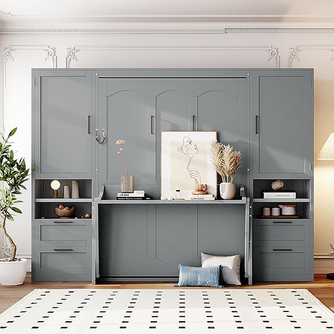 Full Size Murphy Bed with Storage, Wall Bed with Closet and Drawers | Top shelf, side wardrobe and two drawers keep bedding, clothes and daily items organized in a compact cabinet