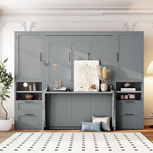 Full Size Murphy Bed with Storage, Wall Bed with Closet and Drawers | Top shelf, side wardrobe and two drawers keep bedding, clothes and daily items organized in a compact cabinet