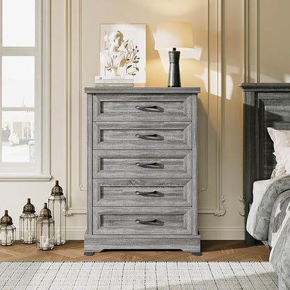 AODK Farmhouse 5 Drawer Dresser for Bedroom, 47" Tall Engineered Wooden Chest of Drawers with Metal Handle, Modern Storage Cabinet and Organizers for Closet, Living Room, Entryway, Gray