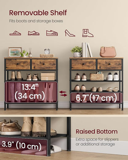 VASAGLE Shoe Rack, 4 Tier Shoe Storage Rack with 2 Fabric Drawers, Shoe Organizer for Entryway, with 3 Fabric Shelves and Wooden Top, Steel Frame, Modern Basic, Rustic Brown ULBS235KD01
